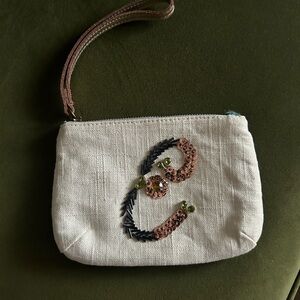 Anthropologie Miss Albright Monogram Initial "E” Zip Beaded Wristlet Bag Clutch
